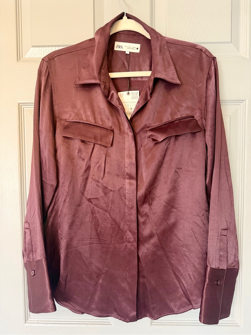 NWT ZARA Satin Effect Pocket Shirt ZW Collection Burgundy